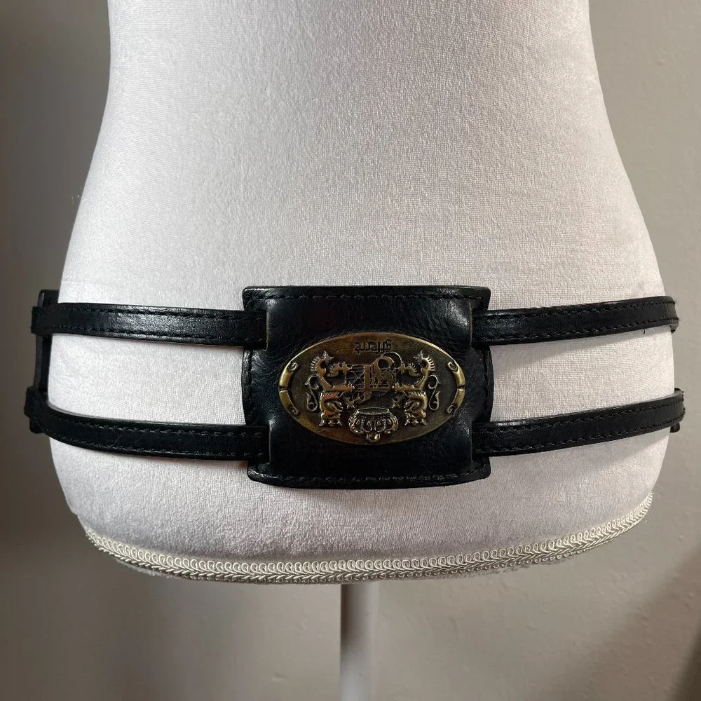 GF FERRE Black Leather Sectioned Belt with Bronze Plaques